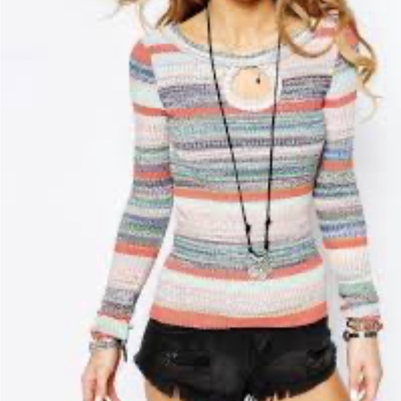 Free People Sunshine Daydream Sweater knit ribbed striped long sleeve large - Picture 1 of 4